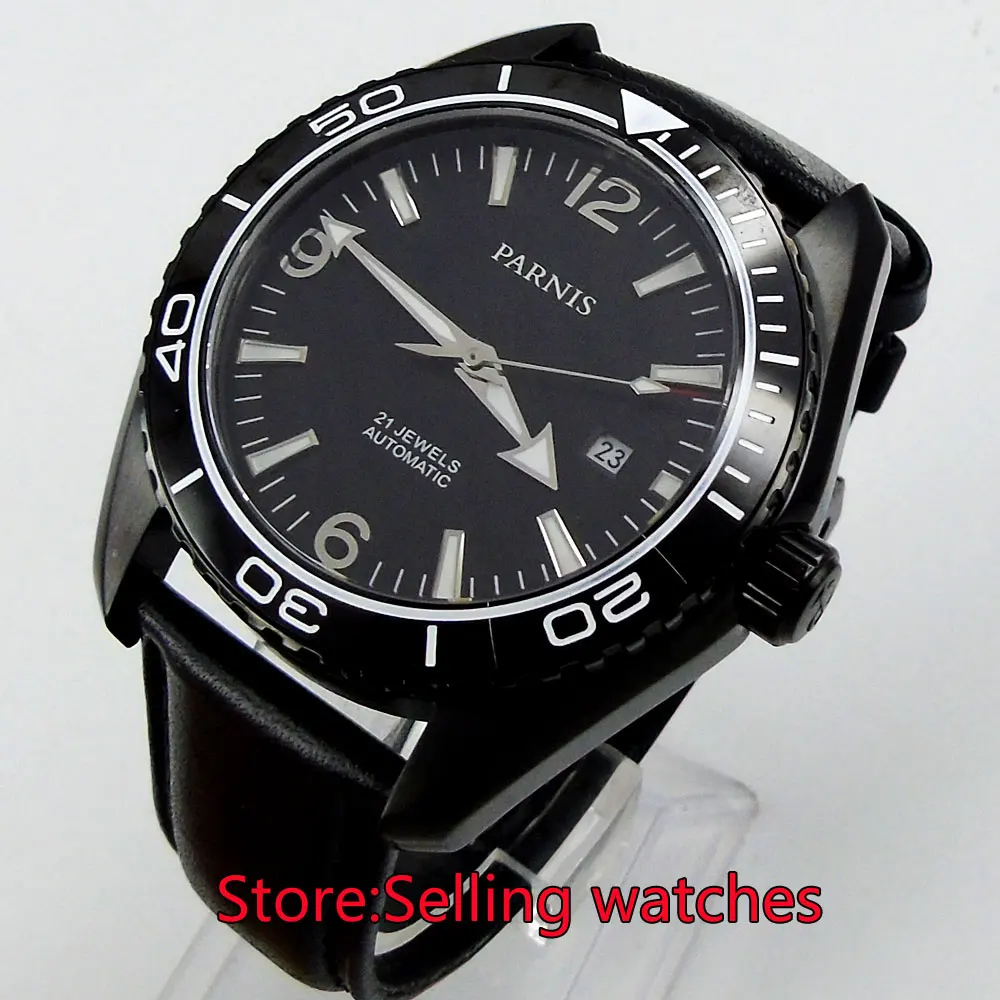 45mm Parnis black dial PVD Sapphire Glass Ceramic Bezel Automatic mens Watch