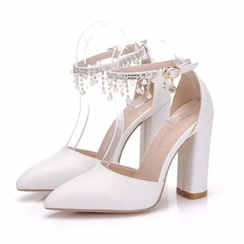 С украшением в виде кристаллов queen Туфли с ремешком и пряжкой женские жемчужные стразы свадебные туфли на высоком каблуке сандалии на высоком каблуке 11 см, женская белая Лодочки на платформе - Цвет: white