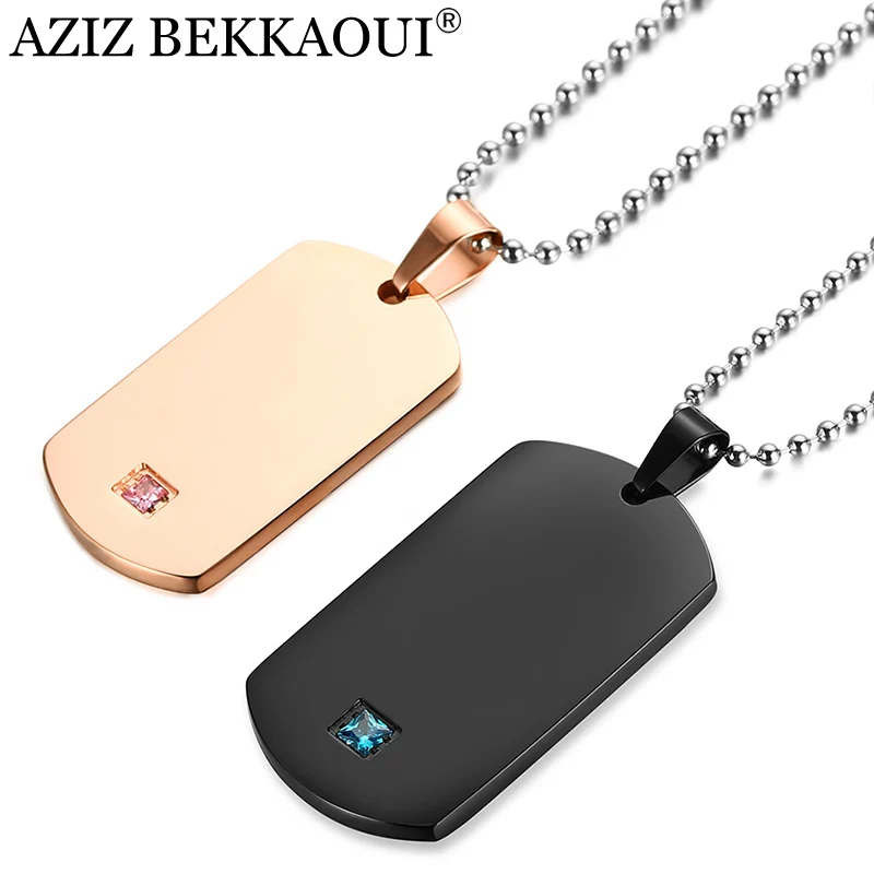 

AZIZ BEKKAOUI Customized Logo Laser Engraving Tag Pendant Necklace Stainless Steel Couple Necklaces with Stone Dropshipping