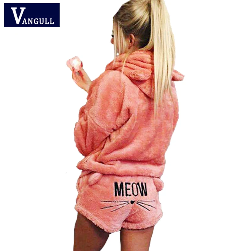 

Casual Fashion Warm Women's Clothing 2018 Autumn & Winter Hooded Pullover and shorts Suit Cat Embroidery Solid women's Set