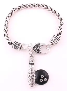 

Lobster Claw New 30pcs antique silver Wheat Link Bracelet Chain with Bowling Pin and Ball Crystal Pendant Bracelet