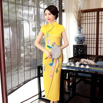 

Evening Party Chinese Style Female Elegant Cheongsam Rayon Yellow Lady Dress Big Size 3XL 4XL Vestidso Sexy Print Flower Qipao