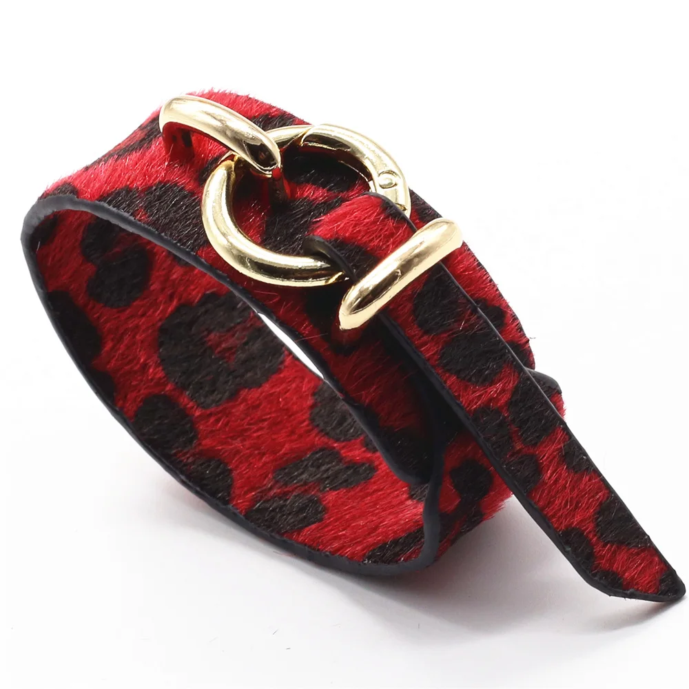 New-Fashion-Wrap-Belt-Buckle-Alloy-Circle-Colorful-Pink-Red-Leopard-Print-PU-Leather-Bracelets-For