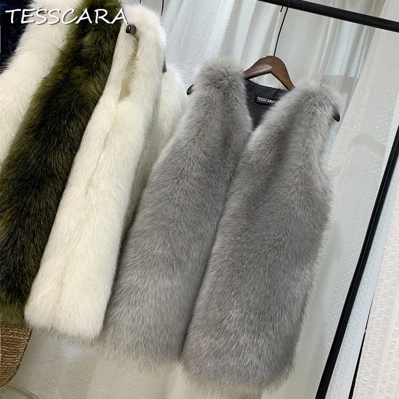 

TESSCARA Autumn & Winter Woman Long Fluffy Faux Fur Coat Vest Female High Quality Artificial Outerwear & Coats Plus Size XS-3XL