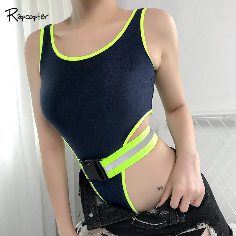 

Rapcopter Reflective Belt Buckle High Waist Bodysuit Women Black Patchwork Body Suit Harajuku Sleeveless Sexy Summer Bodysuits