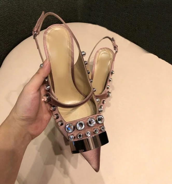 

Pink Satin Crystal Metal Pointed Toe Slingback Shoes Med Heels Cut-out Ladies Pumps Fashion 2019 Shoes Pumps Women Dress