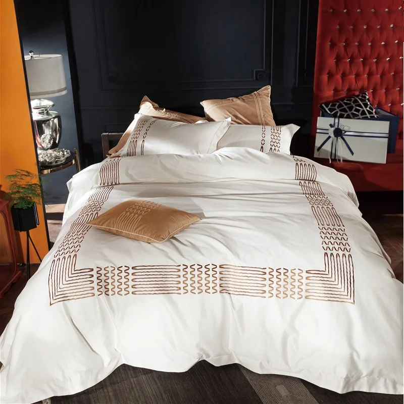 Luxury White 100s Cotton Silky Satin Embroidery Bedding Set