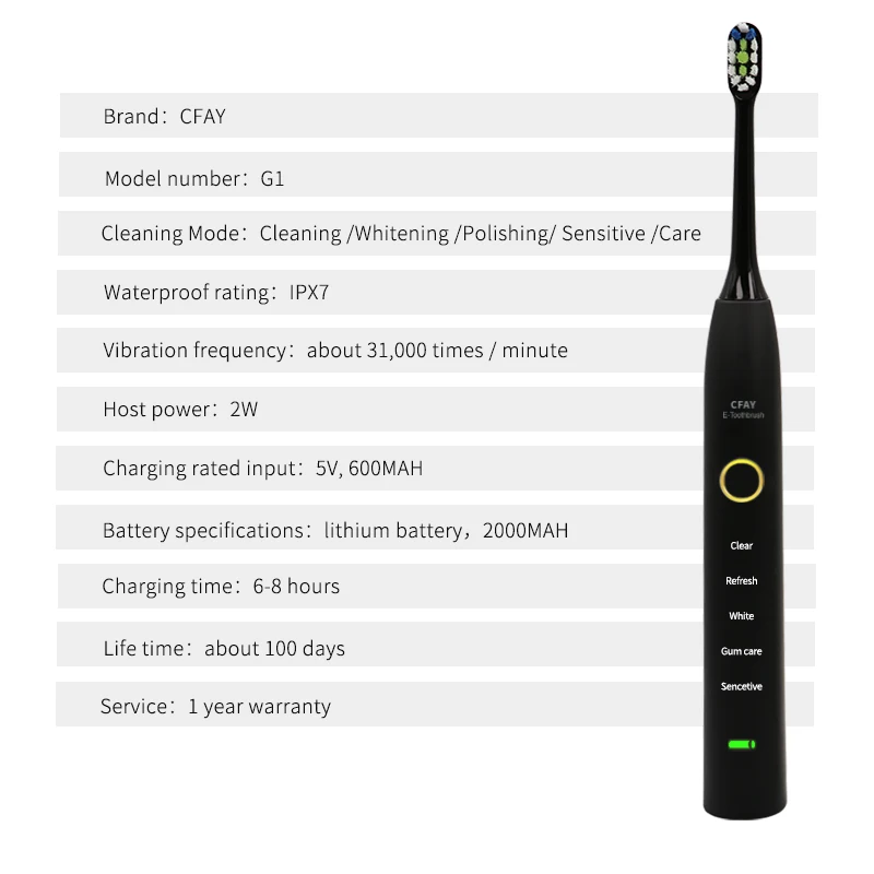 CFAY электрическая зубная щетка перезаряжаемая USB IPX7 Водонепроницаемая звуковая