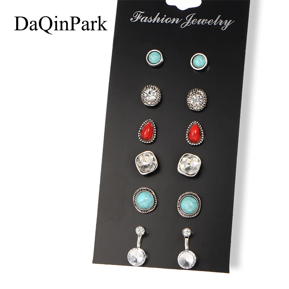 

Stud Earrings 6 Pairs Blue and Red Stone Leaves Flower Crystal Stud Earrings for Women Fashion Simple Bijoux Pendientes Jewelry