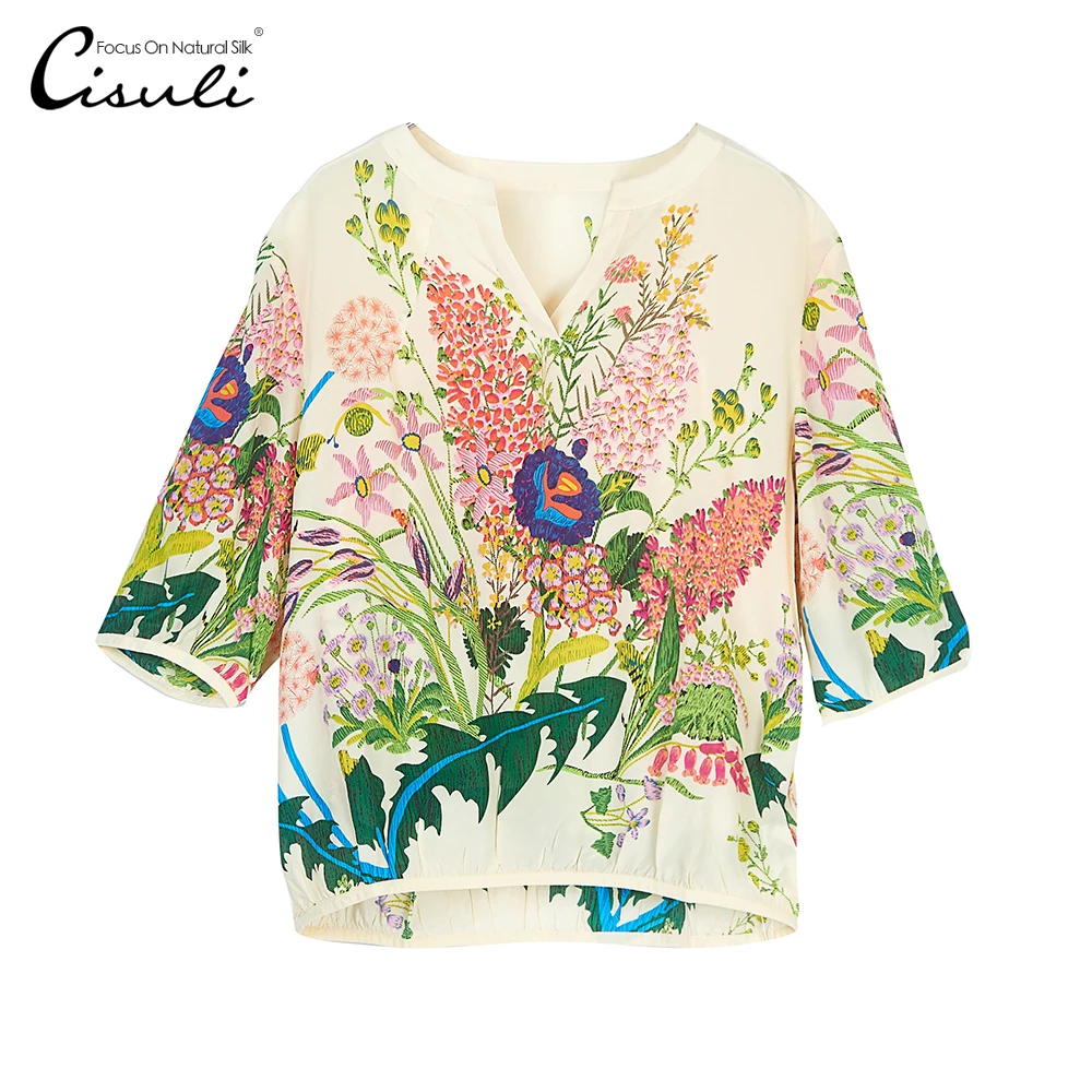 

CISULI Shirt Women 100% Silk Shirts Summer Blouses Floral Printed Shirt Half Sleeve Women Shirt Cream Color