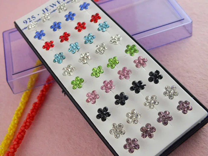 

SHUANGR Wholesale 10 Colorful Cubic Zirconia Flower Stud Earrings Silver color Jewelry For Women 20 Pairs/Lot