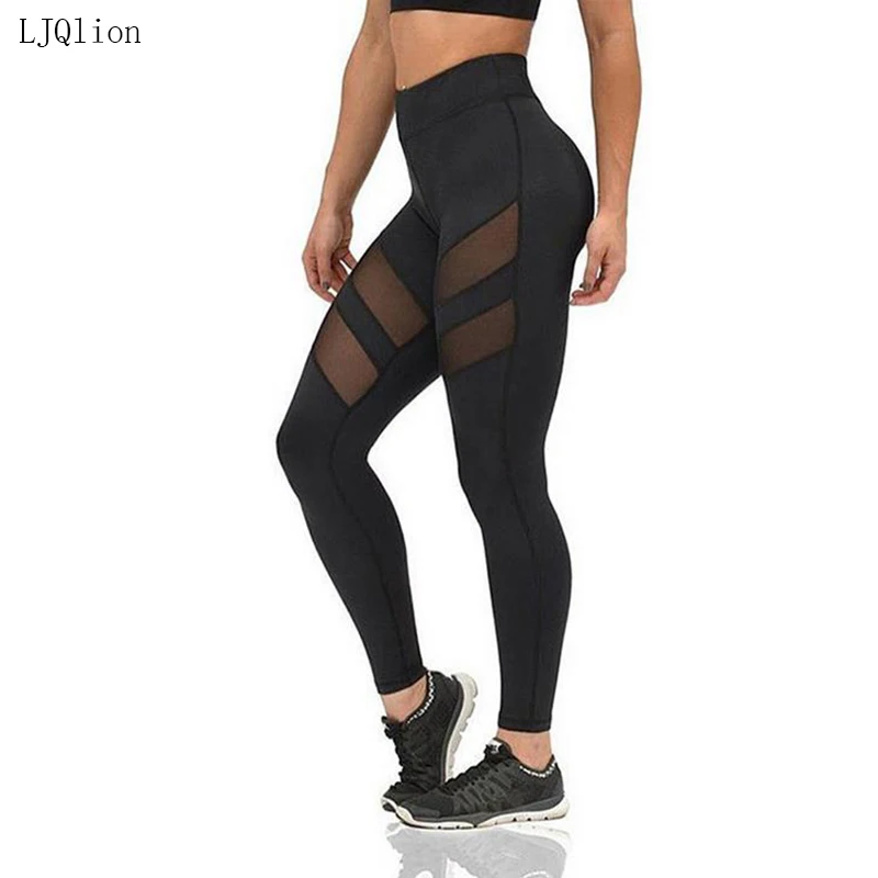 

LJQlion Sport Yoga Women Leggings Gothic Insert Mesh Trousers Pants Big Size Black Capris Sportswear New Fitness Leggings