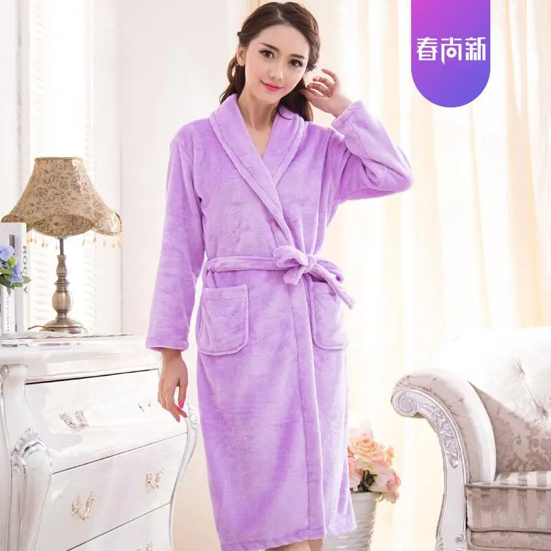 Модное зимнее женское мини-кимоно, Осеннее Фланелевое банное платье Yukata, ночная рубашка, одежда для сна, ночная рубашка, один размер - Цвет: Light Purple -Womens