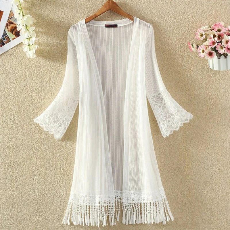 

Fringe Cardigan Women Lace Cardigan Plus Size Long Summer Kimono Cardigans Tassel White Shirt Mesh Blusas Mujer De Moda 2019 New
