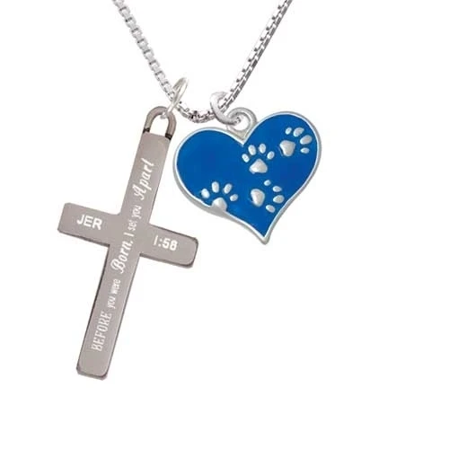 Royal Blue Enamel Heart with Paw Prints - I Set You Apart - Cross Necklace (1)