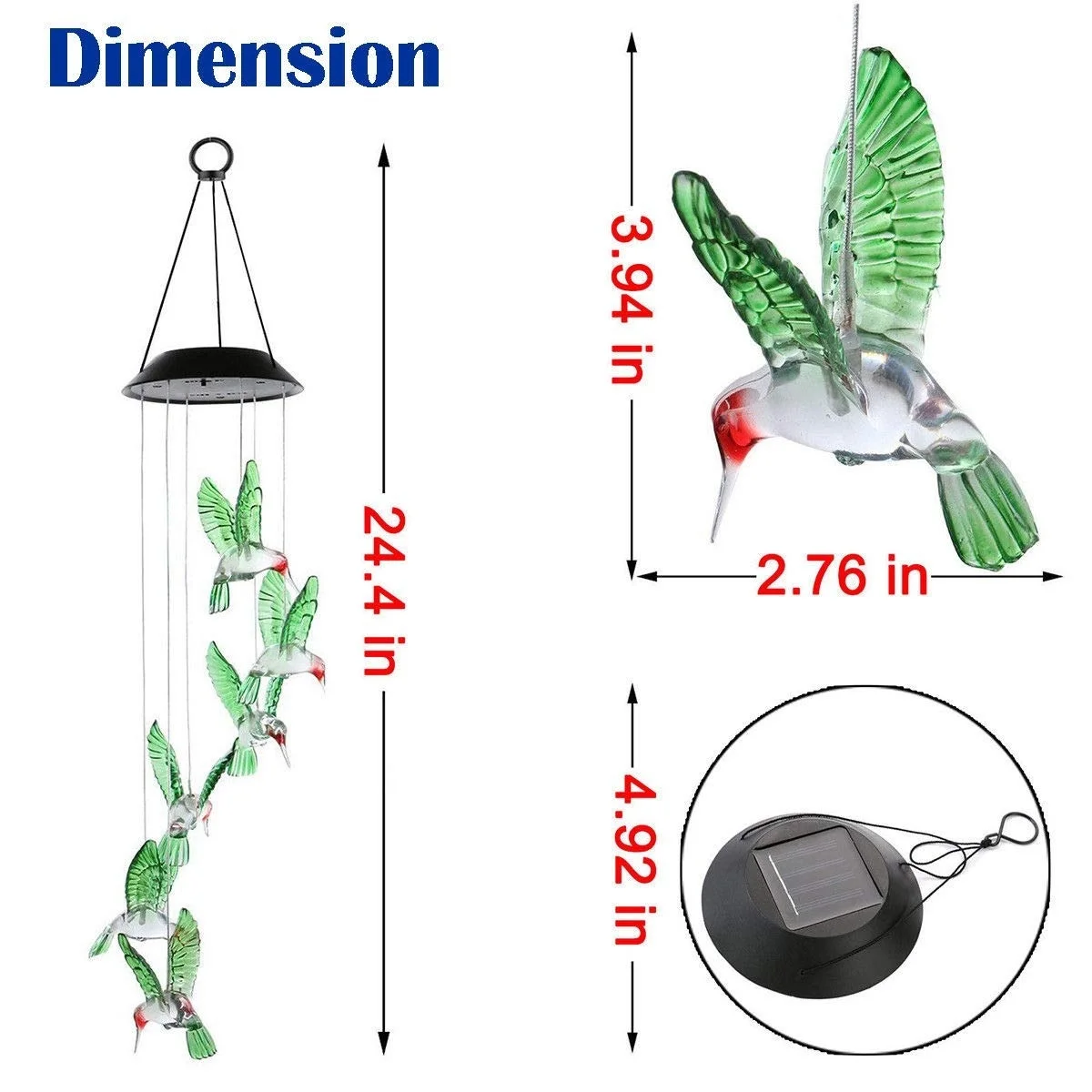 Светодиодный светильник на солнечной батарее с изменяющимся цветом Колибри, ветряной колокольчик на солнечной батарее, подвесной светильник для наружного использования в помещении, садоводства, двора, дорожки, Декор