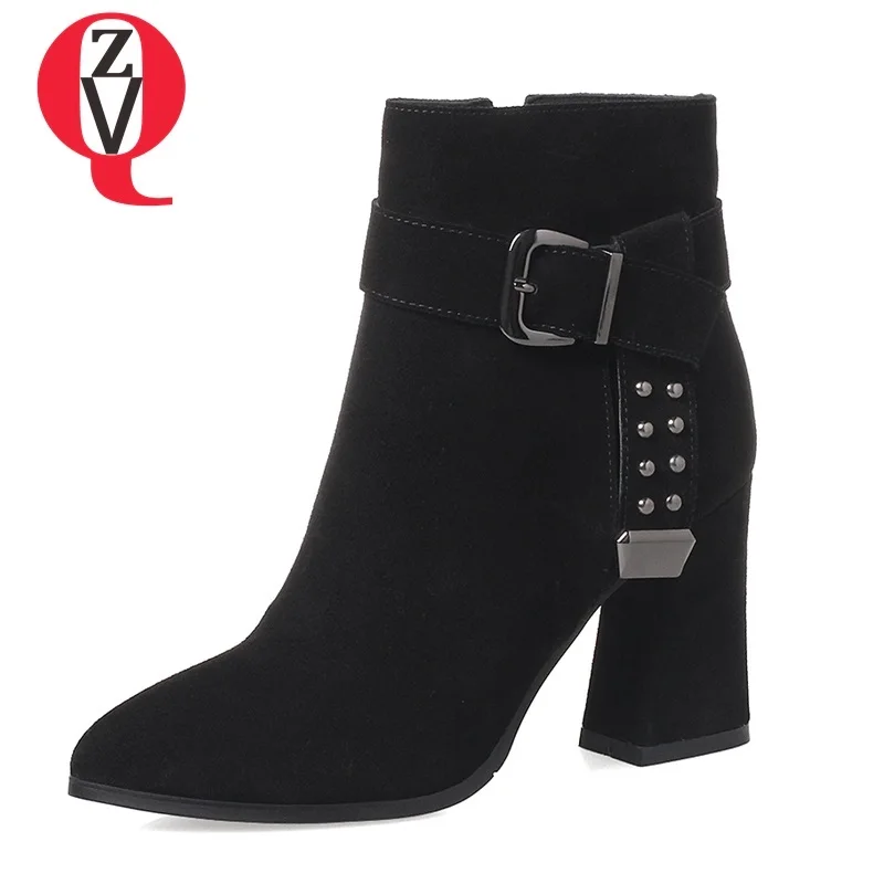 

ZVQ high quality cow suede zip super high square heel pointed toe ankle boots mteal decoration winter warm big size women shoes