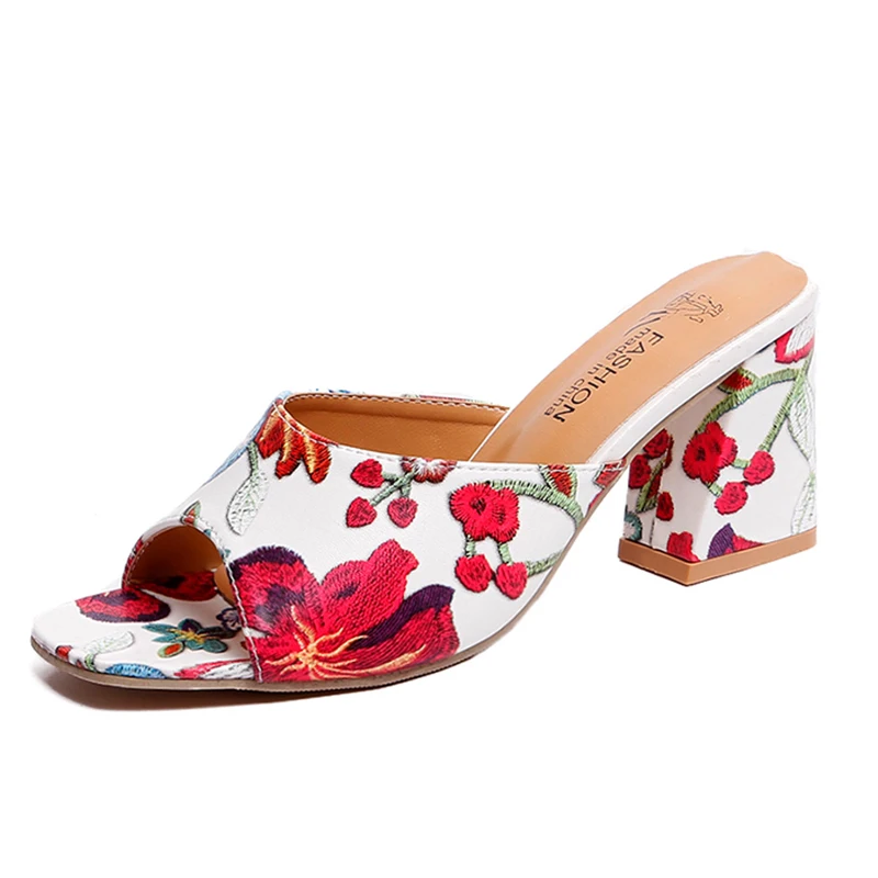 

Sexy High Heel Sandals Women Shoes 2019 New Summer Print Flower Platform Chunky Peep Toe Chinese Outdoor Slippers Women Slides