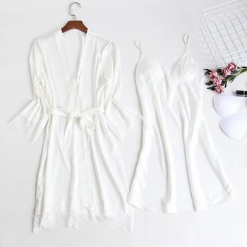 

2 piece Sleepwear Sets Floral Ladies Silk Lace Bathrobe Night Gown Pijamas Dress Women Bridesmaid Robes With Lace Satin white