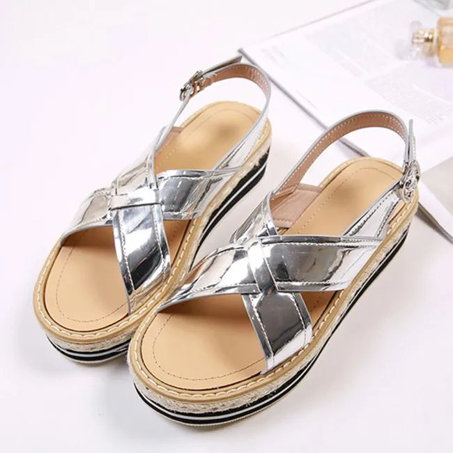 

MONMOIRA Metal Silver Platform Sandals Women Buckle Strap Slingback Sandals Mixed Color Espadrilles Fisherman Sandals SWC0473