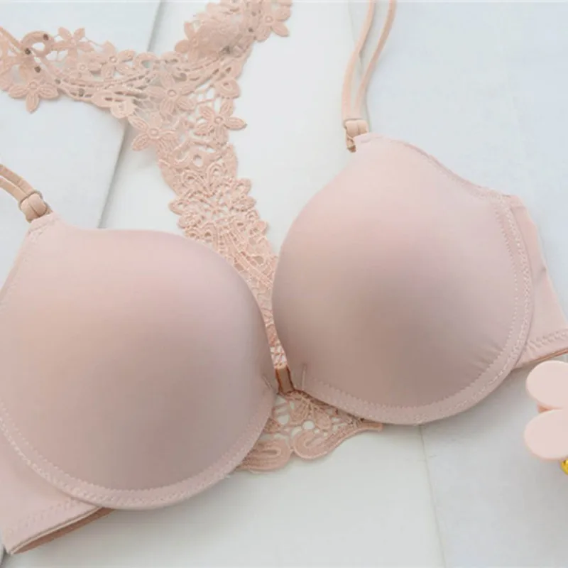 Sexy Women Frontal Lace Push Up Bra Seamless Cotton Adjusted-Straps Front Closure Underwire Solid Bra