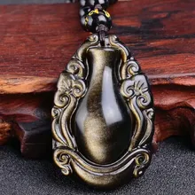 

KUIJIA Natural Obsidian Vase Pendants Stone Necklace for Women Men Golden Obsidian Bead Chain Jewelry Accessories