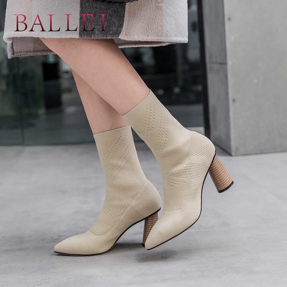 

BALLEI Luxury Woman Winter Ankle Boots High Quality Stretch Fabric Sexy Square Heel Pointed Toe Shoes Solid Elegant Boots B120