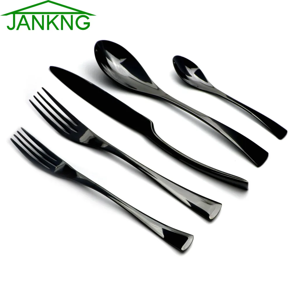 JANKNG 5Pcs Lot Stainless Steel Flatware Set Black Rose Gold Silver Cutlery Knife Fork Dessert Fork