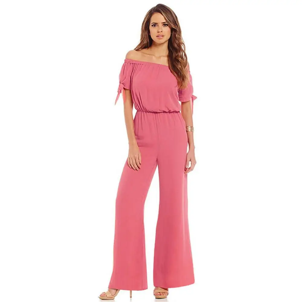 Fashion Wide Legs Women Summer Jumpsuits Solid Slash Neck Chiffon ...