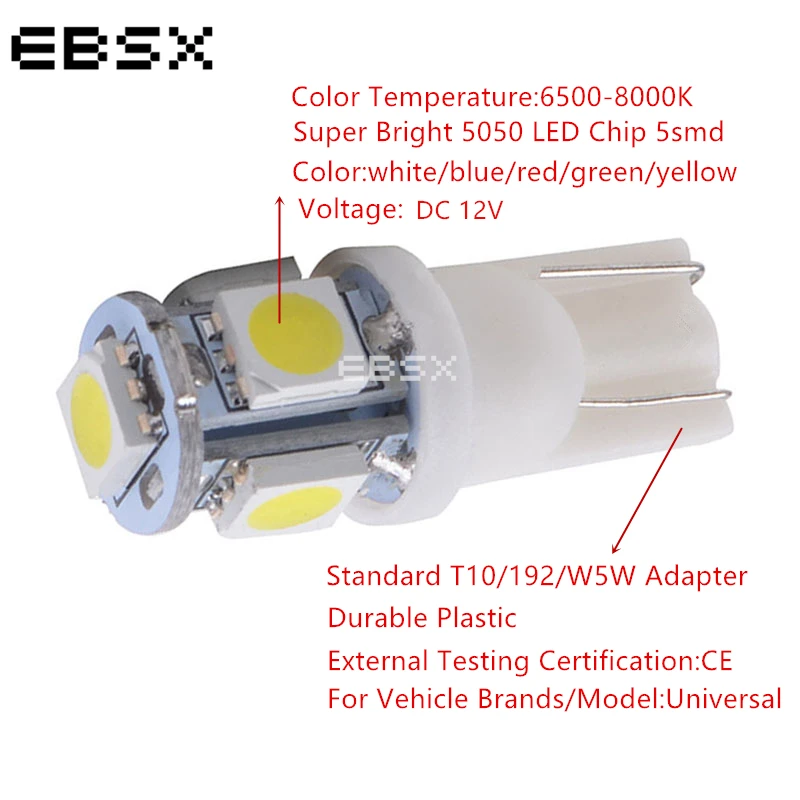 EBSX 100 шт. T10 5050 12В W5W LED Car 5 SMD 194 168 автомобильная автоматическая лампа для чтения