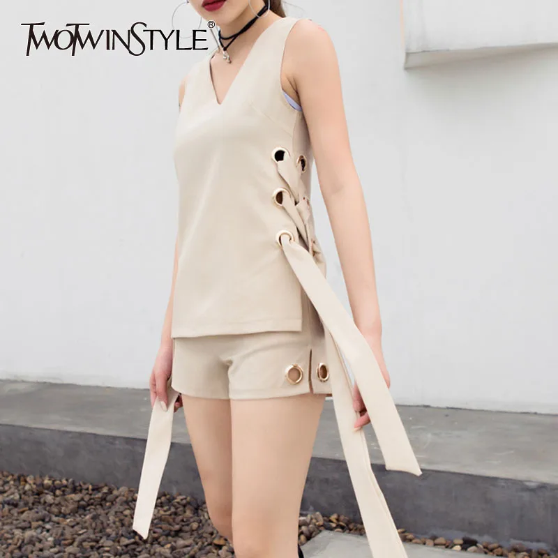 

TWOTWINSTYLE Sleeveless Blouse Tops Shorts Women Two Piece Sets Lace up Vest Tanks Sexy Shorts Suit Female Casual Clothes Summer