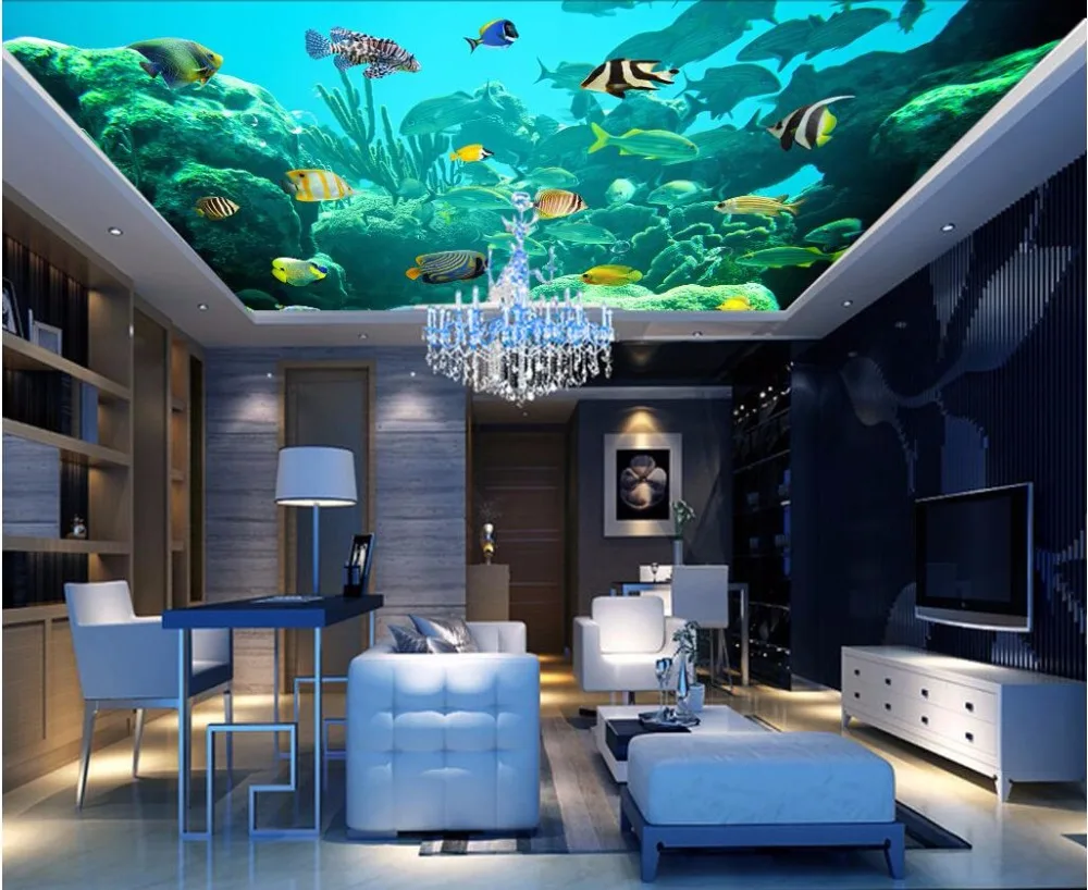 

Custom photo 3d ceiling murals wallpaper Happy sea fish dolphins room decoration painting 3d wall murals wallpaper for walls 3 d