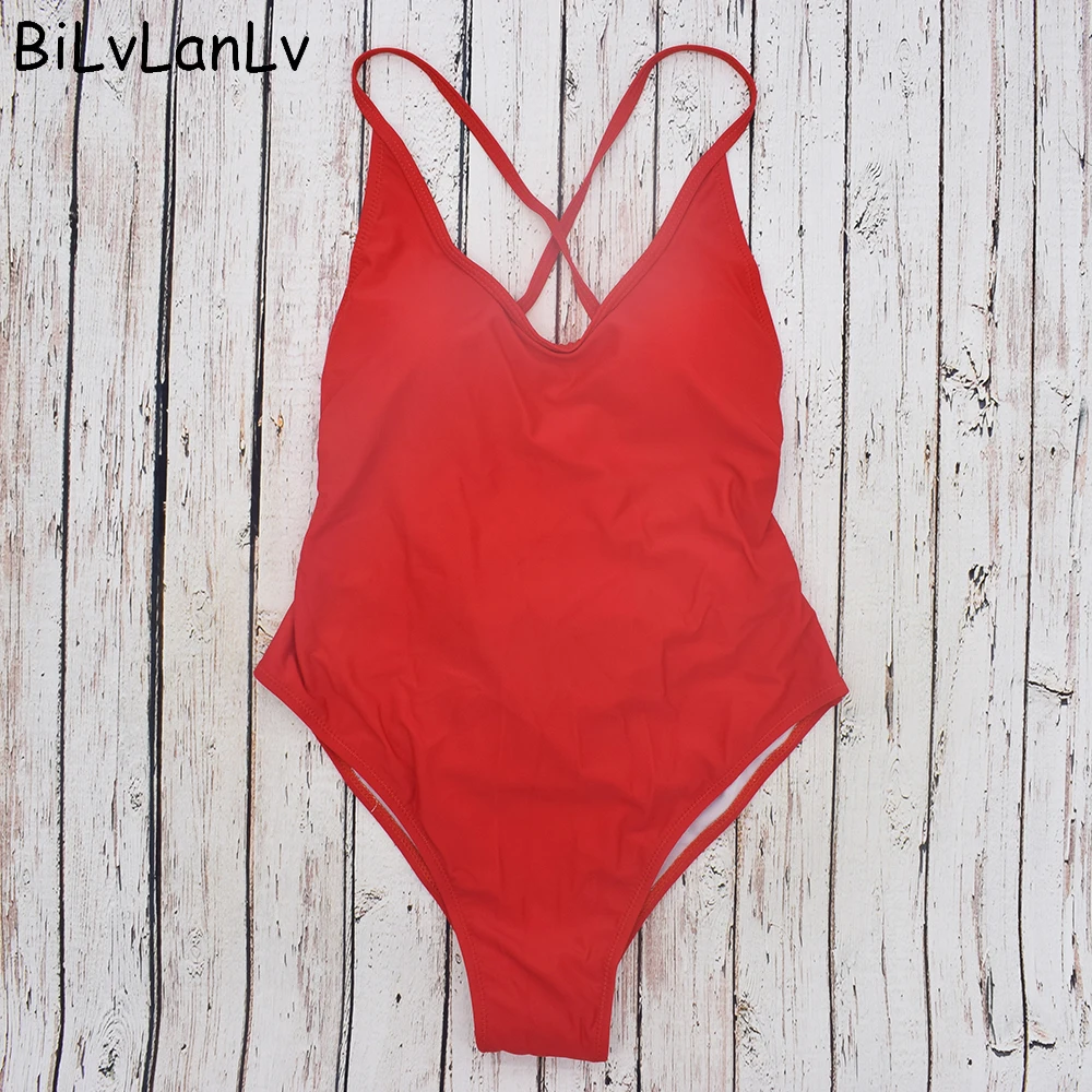 Bilvlanlv Women One Piece Swimsuit Solid Red Gray Black Bodysuit ...