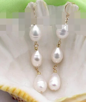 

hj 00488 real 14mm white FW drip pearl dangle earring gold hook