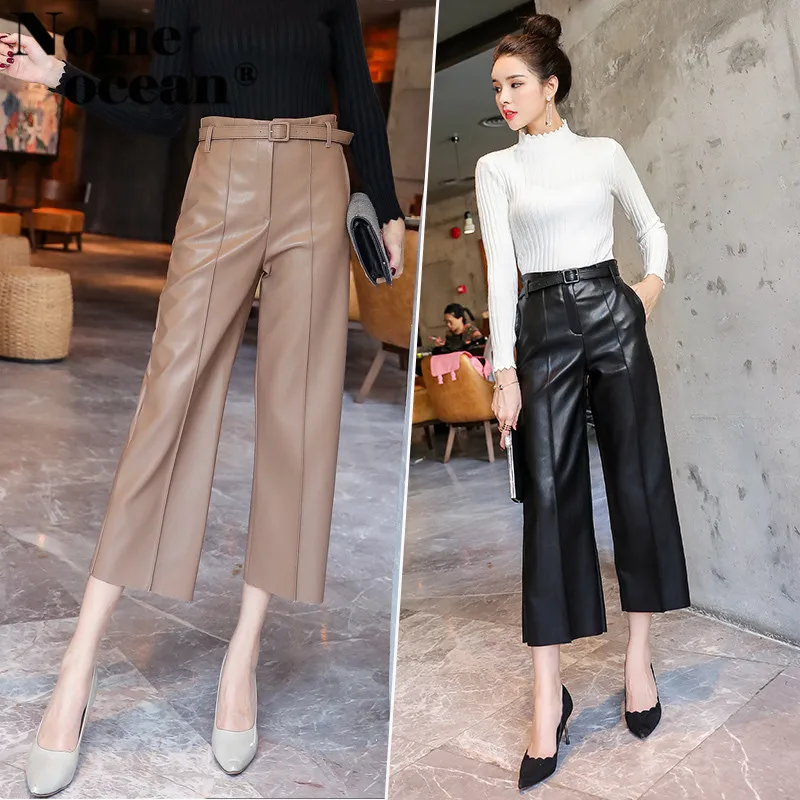 Sewed Detail PU Pants for Women Belted Waist Side Pockets Faux Leather ...