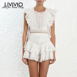 [LIVIVIO] весенний кружевной лоскутный комплект из двух предметов, женская блуза с коротким рукавом и квадратным воротником, шорты с оборками