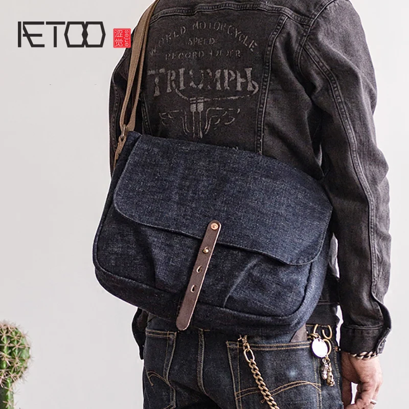 

AETOO Retro woven denim tannin crossbody bag men's trend shoulder bag
