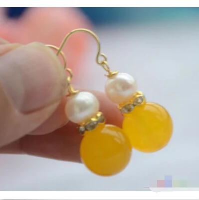 

P4651 12mm yellow stone 8mm white round PEARL DANGLE EARRINGNoble style Natural Fine jewe FREE SHIPPING