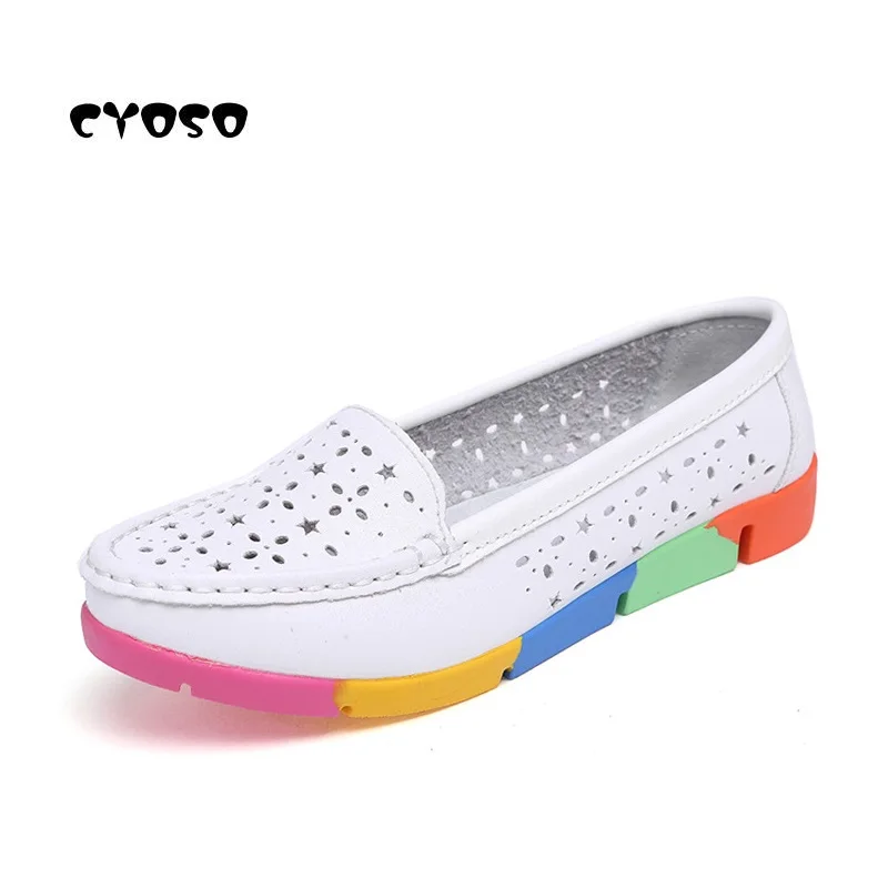 

CYOSO 2019 New Summer Women Shoes Flat Genuine Leather Hollow Flats Woman Loafers Soft Non-slip Breathable Ladies Shoes