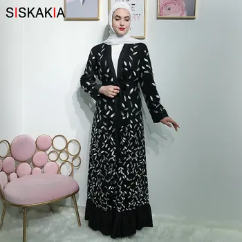

Siskakia Fashion lace Sequin Leaf Embroidery Open Abaya Muslim Women Ruffles Swing Patchwork Cardigan Robes Navy with Slim Sash