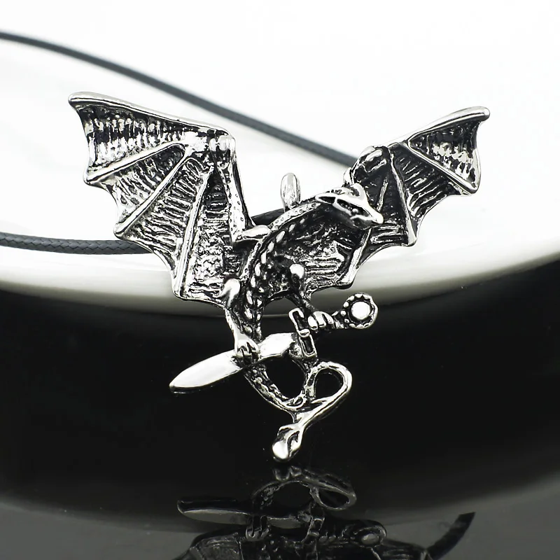 

Dormon Retro Men's Unisex Flying Dragon Sword Titanium Stainless Steel leather chain Pendant Necklace X558