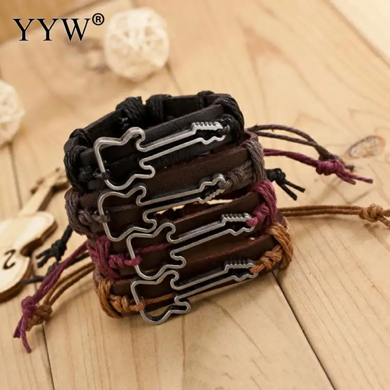

YYW Fashion Men Cowhide Bracelet Jewelry Adjustable Bangles Leather Cord Rock Style Antique Silver-color Guitar Charm Bracelets
