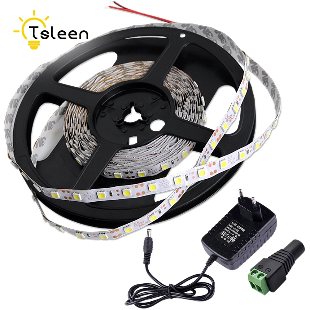 

TSLEEN 5M Waterproof DC12V LED Strip Light 5050 SMD Flexible Light 300Leds Strip 2A Adapter EU UK US Plug Home Decoration Lamp