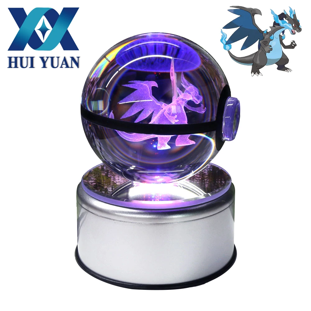 HUI YUAN Charizard X Pokeball 8CM Diameter Crystal Ball 3D LED Novelty Light USB AA Battery Decorative Glass | Освещение