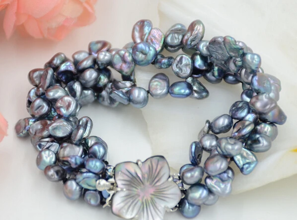 

huij 001237 4row 8" black lamina BAROQUE KESHI REBORN PEARL bracelet