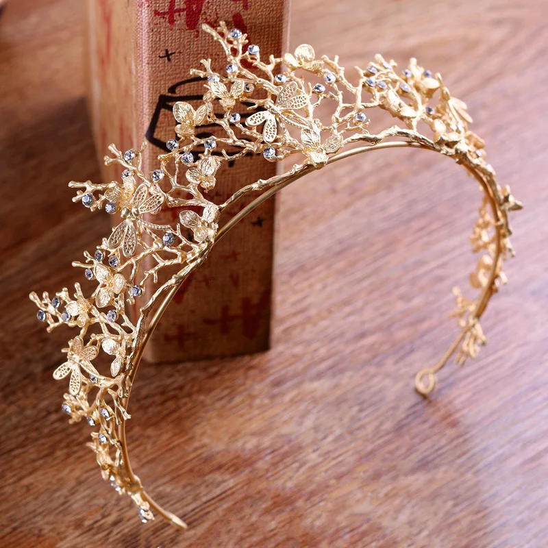 

Baroque Handmade Gold Flower Leaf Butterfly Tiara Crowns Wedding Hair Vine Accessories Jewelry Bridal Headpiece Hairbands HQ-31