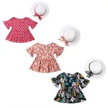 Платье для девочек; коллекция года; летний комплект из 2 предметов для маленьких девочек; мини-платье принцессы с короткими рукавами и цветочным рисунком+ Солнцезащитная шляпа; одежда