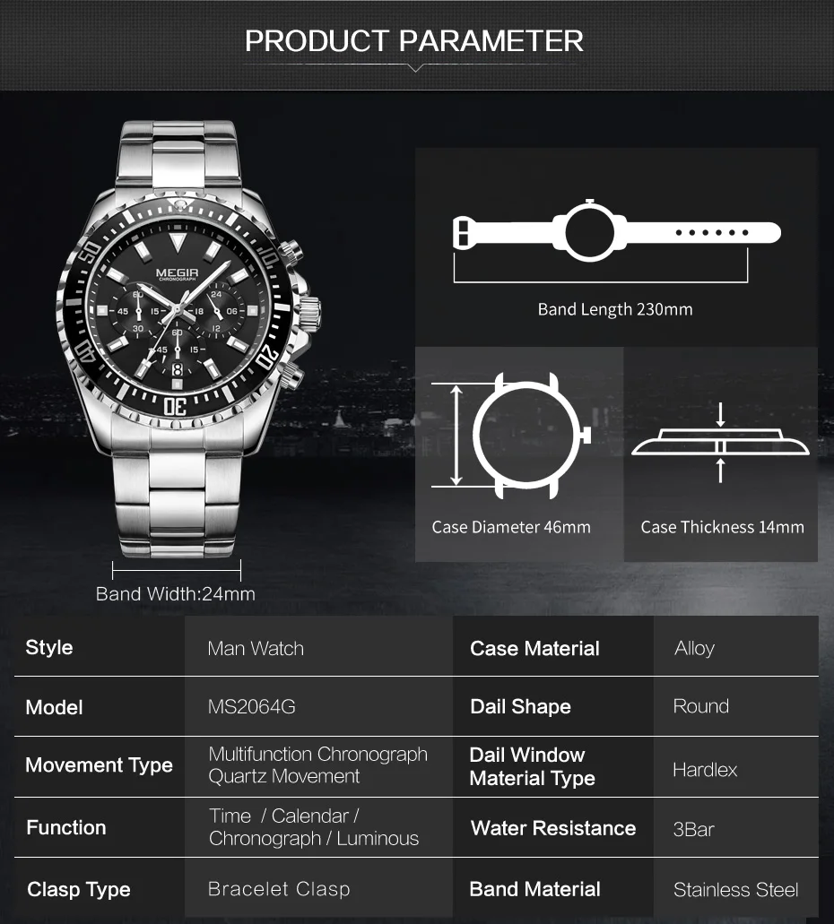 Мужские деловые кварцевые часы MEGIR из нержавеющей стали, аналоговые наручные часы с хронографом и 24 часами, светящиеся мужские часы 2064G-BK-1