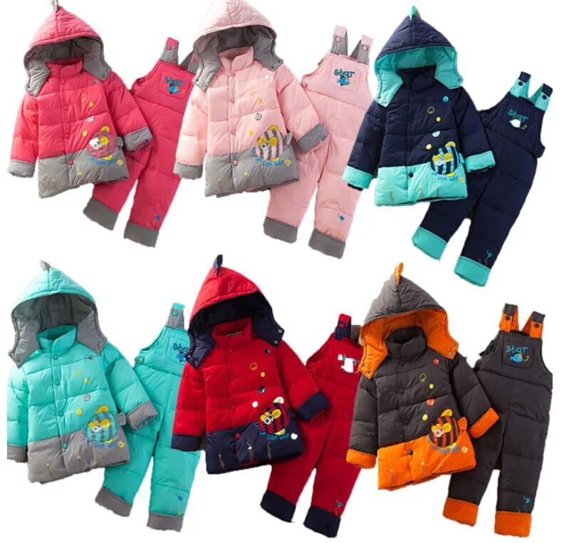

2014 Conjunto De Roupa Kids Clothes Sets Clothing Set And Winter Warm Down Jacket Suit Cartoon Children Overalls free Shipping