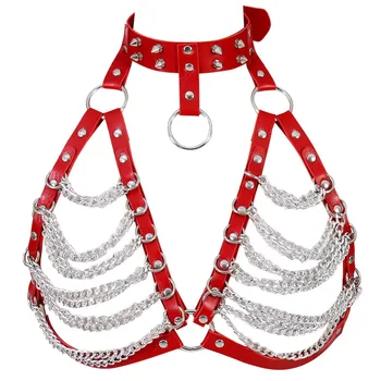 

Red Leather Harness Bra Sexy Women Hot Fire Harajuku Pastel Goth Metal Rivet Lingerie Waist Belt Adjust Plus Size Dance Rave